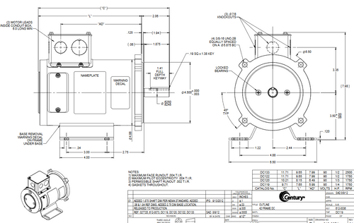 DC133 Century 1/2 hp DC Perm. Magnet 56C Frame C Face TENV 2500 RPM (rigid base) 90V Marathon Motor # DC133