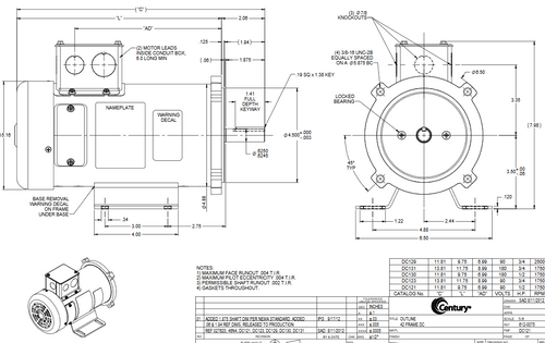 DC129 Marathon 3/4 hp DC Perm. Magnet 56C Frame C Face TEFC 2500 RPM (rigid base) 90V Marathon Motor