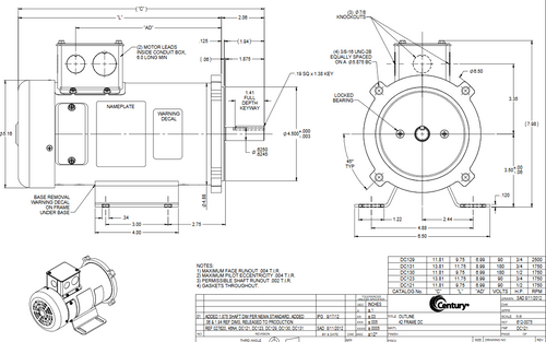 DC130 Century 1/2 hp DC Perm. Magnet 56C Frame C Face TEFC 1750 RPM (rigid base) 180V Marathon Motor # DC130