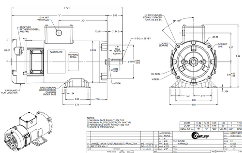 DC154 Century 1 hp DCPM Washdown 56C Frame C Face TENV 1750 RPM (rigid base) 90V Marathon Motor # DC154