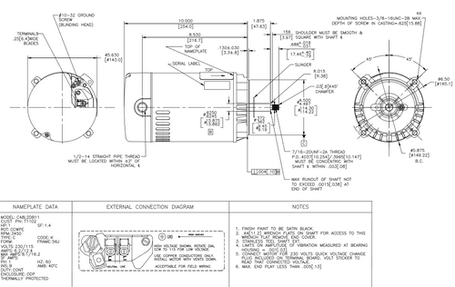 T1102 Century 1 hp 3600 RPM 1-Phase 56J Frame ODP (no base) 115/230V Century Jet Pump Motor # T1102