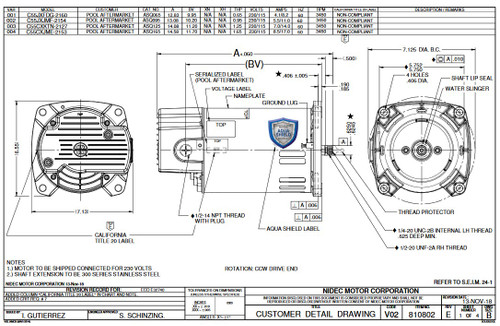 ASQ065 US Motors 1/2 hp 3450 RPM 48Y 115/230V Pool Pump Motor