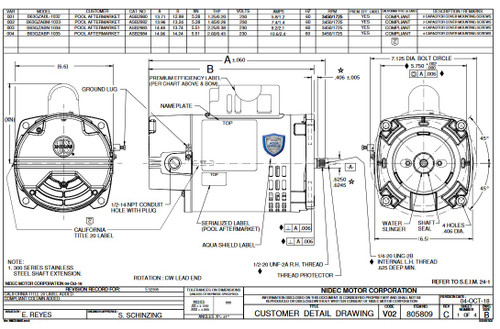 ASB2984 US Motors 2.6 THP 3450/1725 RPM 56Y 230V (ODP) High Efficiency Switchless Pool Pump Motor