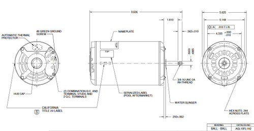AGL15FL1H2 US Motors 1 hp 3450 RPM 48 Frame 115V Thru-Bolt Pool-Spa Motor (Hofinger Replacement)