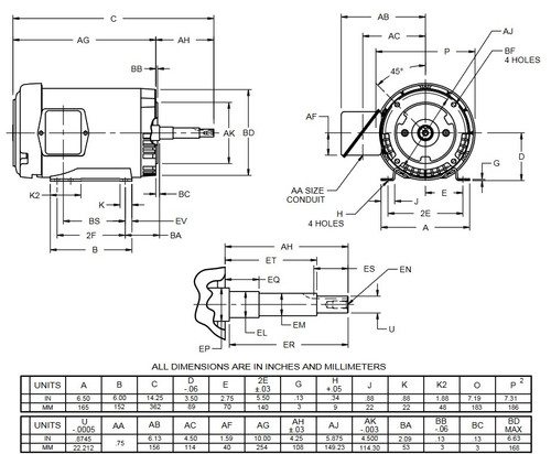 UJ1P2GM US Motors 1 hp 1800 RPM  3-phase 143JM Frame 575V Close-Coupled Pump Motor