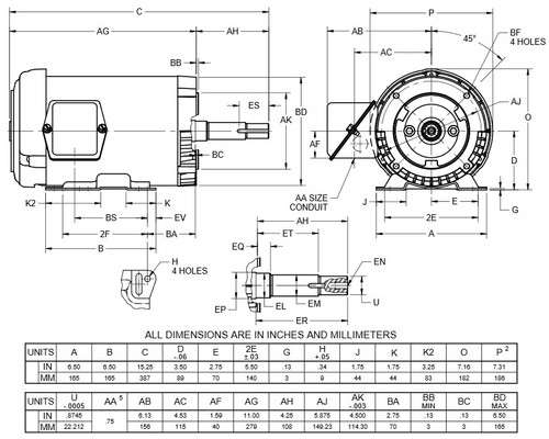 UJ2P2DM US Motors 2 hp 1750 RPM  3-phase 145JM Frame 208-230/460V Close-Coupled Pump Motor