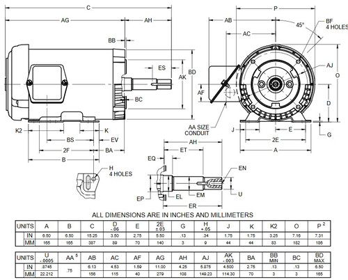 UJ2P1GM US Motors 2 hp 3600 RPM  3-phase 145JM Frame 575V Close-Coupled Pump Motor