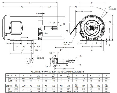 UJ3P1DFM US Motors 3 hp 3600 RPM  3-phase 145JM Frame 208-230/460V Close-Coupled Pump Motor