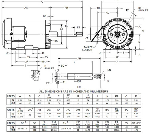 UJ3P1DFP US Motors 3 hp 3600 RPM  3-phase 145JP Frame 208-230/460V Close-Coupled Pump Motor
