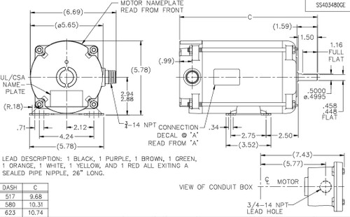 C646 Marathon 1/4 hp 1800 RPM 115/230V Explosion Proof 48 Frame EPNV (rigid base) Motor