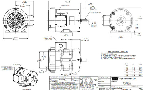 N322 Marathon 1/2 hp 1800 RPM 208-230/460V 3-Phase 56 Frame TEFC (rigid base) Washdown Motor