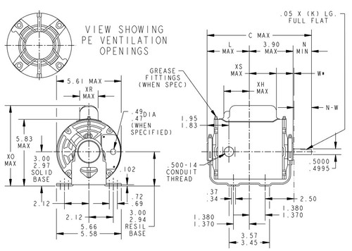 C133 Marathon 1/2 hp (1 speed) 115/230V 1800 RPM ODP 48 Frame Cap Start Resilient Base Motor