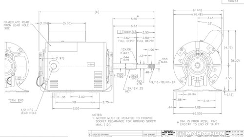 X603 Marathon 3/4 hp (1 speed) 115/208-230V 1800 RPM ODP 56Z Frame PSC Resilient Base Motor