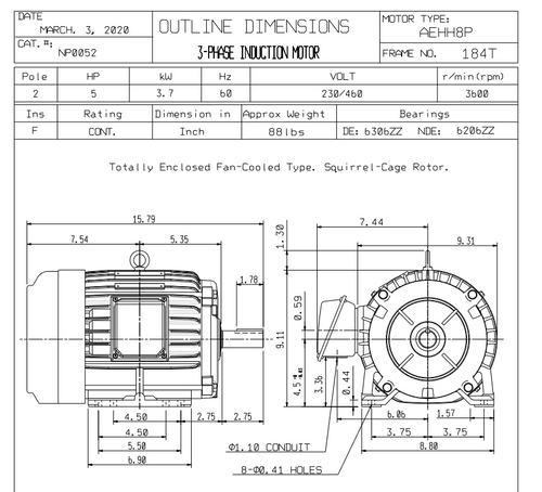 NP0052 TECO Westinghouse 5 hp 3600 RPM 182T Frame 230/460V TEFC 3-Phase Motor