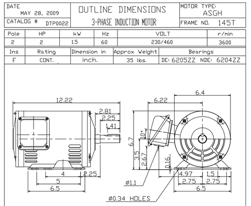DTP0022 TECO Westinghouse 2 hp 3600 RPM 143/145T Frame 230/460V ODP 3-Phase Motor