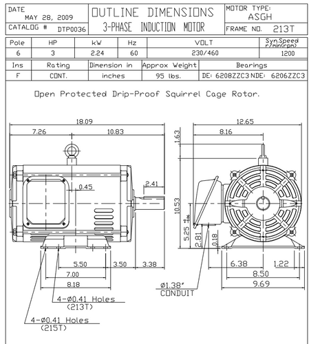 DTP0036 TECO Westinghouse 3 hp 1200 RPM 213/215T Frame 230/460V ODP 3-Phase Motor