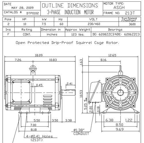 DTP0102 TECO Westinghouse 10 hp 3600 RPM 213/215T Frame 230/460V ODP 3-Phase Motor