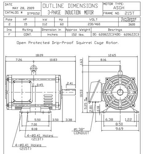 DTP0152 TECO Westinghouse 15 hp 3600 RPM 213/215T Frame 230/460V ODP 3-Phase Motor