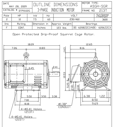 DTP0102G TECO Westinghouse 10 hp 3600 RPM 213/215T Frame 230/460V ODP 3-Phase SGR Motor