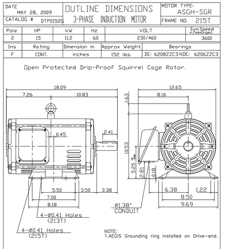 DTP0152G TECO Westinghouse 15 hp 3600 RPM 213/215T Frame 230/460V ODP 3-Phase SGR Motor