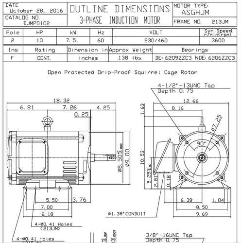 DJMP0102 TECO Westinghouse 10 hp 3600 RPM 213/215JM Frame 230/460V ODP Close-Coupled 3-Phase Motor