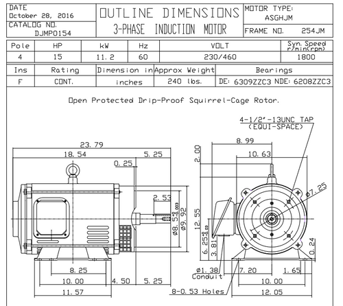 DJMP0154 TECO Westinghouse 15 hp 1800 RPM 254/256JM Frame 230/460V ODP Close-Coupled 3-Phase Motor