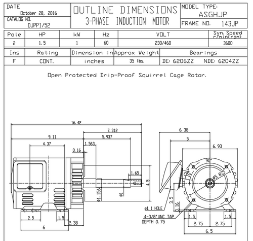 DJPP1/52 TECO Westinghouse 1 1/2 hp 3600 RPM 143/145JM Frame 230/460V ODP Close-Coupled 3-Phase Motor