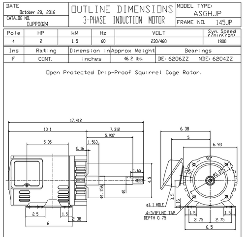 DJPP0024 TECO Westinghouse 2 hp 1800 RPM 143/145JP Frame 230/460V ODP Close-Coupled 3-Phase Motor