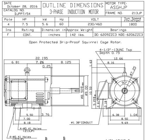 DJPP7/54 TECO Westinghouse 7 1/2 hp 1800 RPM 213/215JP Frame 230/460V ODP Close-Coupled 3-Phase Motor