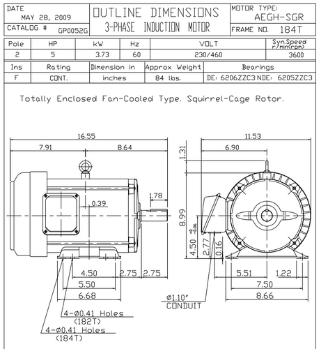 GP0052G TECO Westinghose SGR 5 hp 3600 RPM 182/184TC Frame 230/460V TEFC 3-Phase Motor