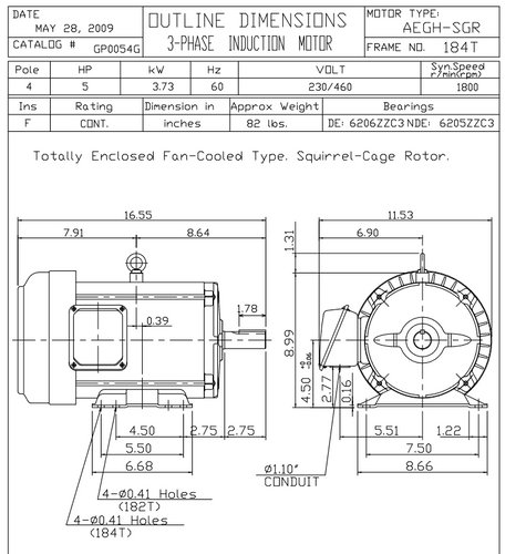 GP0054G TECO Westinghose SGR 5 hp 1800 RPM 182/184TC Frame 230/460V TEFC 3-Phase Motor