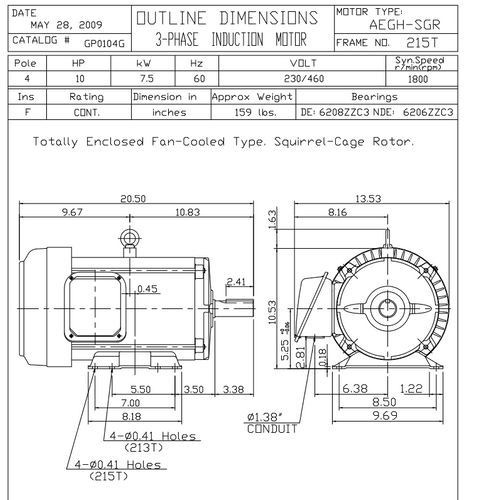 GP0104G TECO Westinghouse SGR 10 hp 1800 RPM 213/215TC Frame 230/460V TEFC 3-Phase Motor