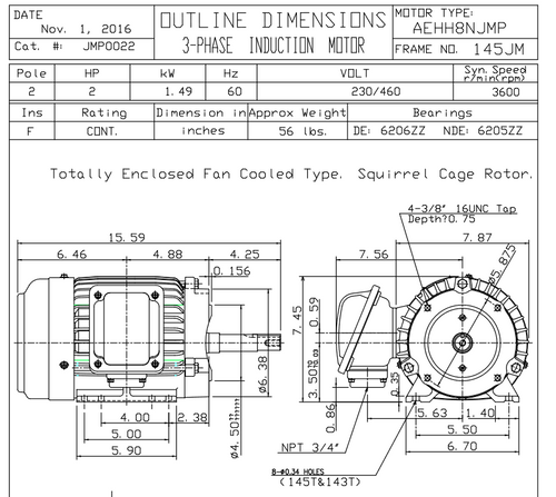 JMP0022 TECO Westinghouse 2 hp 3600 RPM 143/145JM Cast Iron Frame 230/460V TEFC Close-Coupled 3-Phase Motor