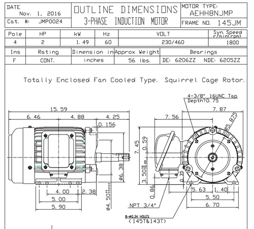 JMP0024 TECO Westinghouse 2 hp 1800 RPM 143/145JM Cast Iron Frame 230/460V TEFC Close-Coupled 3-Phase Motor