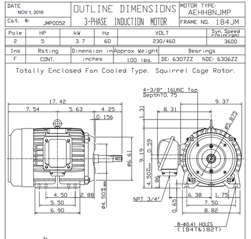 JMP0052 TECO Westinghouse 5 hp 3600 RPM 182/184JM Cast Iron Frame 230/460V TEFC Close-Coupled 3-Phase Motor