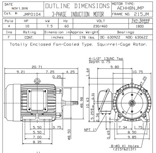 JMP0104 TECO Westinghouse 10 hp 1800 RPM 213/215JM Cast Iron Frame 230/460V TEFC Close-Coupled 3-Phase Motor