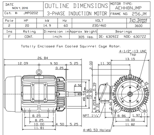 JMP0202 TECO Westinghouse 20 hp 3600 RPM 254/256JM Cast Iron Frame 230/460V TEFC Close-Coupled 3-Phase Motor