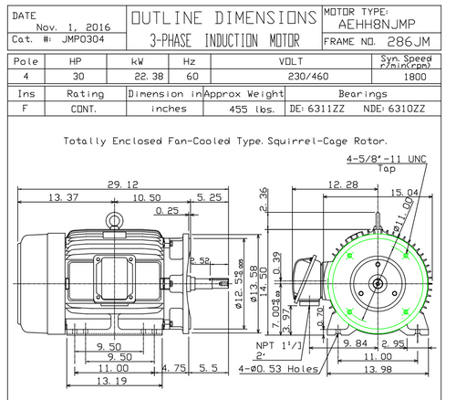 JMP0304 TECO Westinghouse 30 hp 1800 RPM 286JM Cast Iron Frame 230/460V TEFC Close-Coupled 3-Phase Motor
