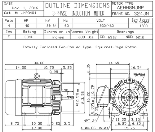 JMP0404 TECO Westinghouse 40 hp 1800 RPM 324JM Cast Iron Frame 230/460V TEFC Close-Coupled 3-Phase Motor
