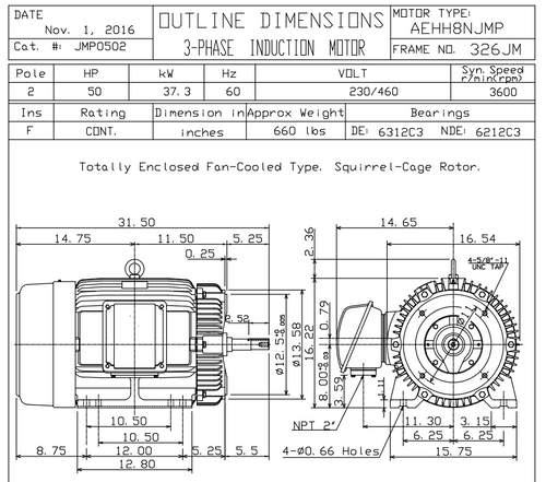 JMP0502 TECO Westinghouse 50 hp 3600 RPM 326JM Cast Iron Frame 230/460V TEFC Close-Coupled 3-Phase Motor