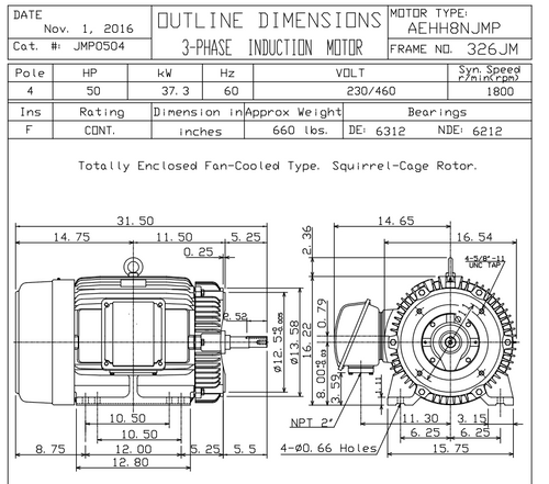 JMP0504 TECO Westinghouse 50 hp 1800 RPM 326JM Cast Iron Frame 230/460V TEFC Close-Coupled 3-Phase Motor