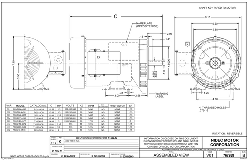 T13S1ACR Nidec 1/3 hp 3600 RPM 56C Frame (No Base) 208-230/460V TEFC 3-Phase Electric Motor