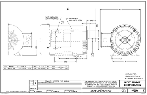 U32P1A14CR Nidec 1 1/2 hp 3600 RPM 143TC Frame (No Base) 208-230/460V TEFC 3-Phase Electric Motor