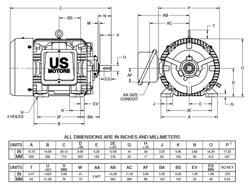 A25P1CS Nidec 25 hp 3600 RPM 324 US Frame (Rigid Base) 460V TEFC 3-Phase Automotive Duty Motor