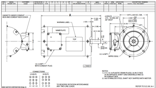 WD3P1A14C Nidec 3 hp 3600 RPM 145TC Frame (Rigid Base) 208-230/460V TEFC 3-Phase Washdown Motor