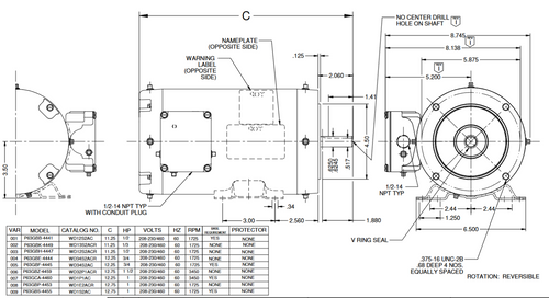 WD3P1ACR Nidec 3 hp 3600 RPM 56C Frame (No Base) 208-230/460V TEFC 3-Phase Washdown Motor