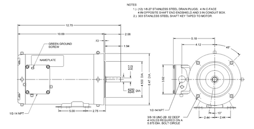 WDP12S2AHC Nidec 1/2 hp 1800 RPM 56HC Frame (Rigid Base) 208-230/460V TENV 3-Phase Washdown Motor