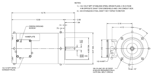 WDP1P2DFCR Nidec 1 hp 1800 RPM 56HC Frame (No Base) 208-230/460V TENV 3-Phase Washdown Motor