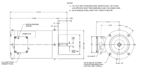 WDS34S2ACR Nidec 3/4 hp 1800 RPM 56C All-Stainless (No Base) 208-230/460V TENV 3-Phase Washdown Motor
