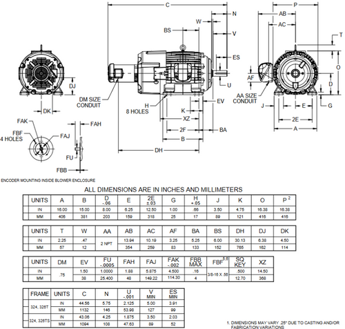 B50T2B Nidec 50 hp 1800 RPM 326T (Rigid Base) 230/460V TEBC Vector-Duty 3-Phase Motor